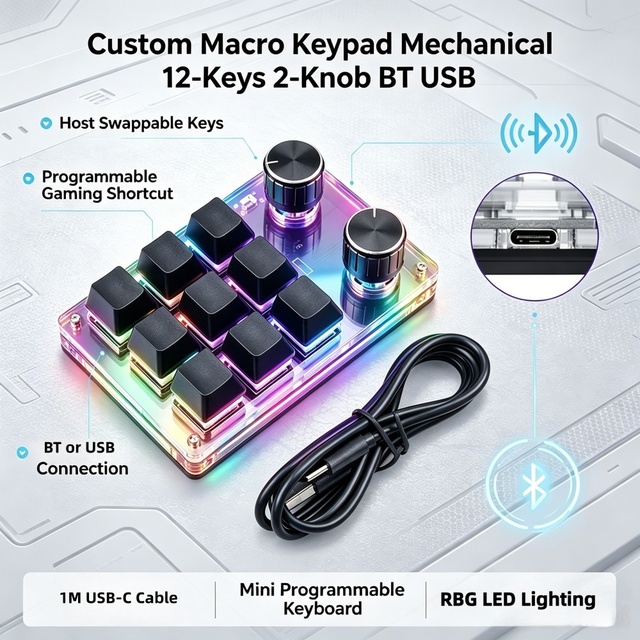 Custom Macro Keypad Mechanical Mini Hot Swappable 4 6 9 12 Keys BT USB Programmable Gaming Shortcut Keyboard 2 Knob Programming