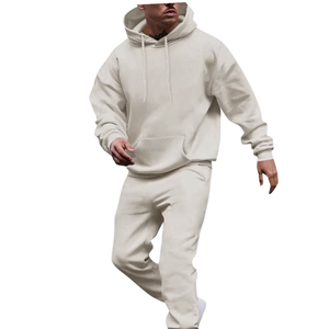 Ensemble survêtement en molleton beige uni pour homme, deux pièces, logo personnalisé, OEM, streetwear décontracté, vêtements de sport, vente en gros, mode - Product Image 3