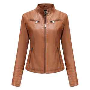 Chaqueta de Motociclista de Cuero Grueso Entallada para Mujer, Transpirable, Rellena de Algodón, Cuello Alto, Cierre de Cremallera, Nueva Moda - Product Image 1