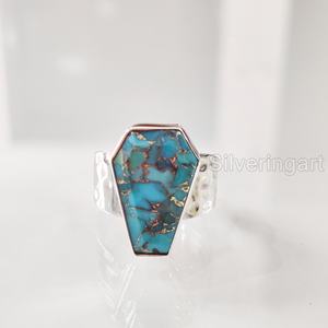 แหวนสตรีโลงศพธรรมชาติสีฟ้าทองแดงเทอร์ควอยส์พลอย December birthstone PARTY ค้อน unisex แหวนเงินสเตอร์ลิง925 - Product Image 1