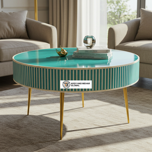 Table basse ronde moderne de designer faite à la main en incrustation d'os bleu ciel avec base en métal doré et plateau en bois - Product Image 1