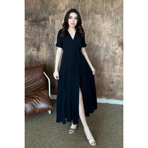 <b>Black</b> <b>Wrap</b> Collar Muslin Linen Dress - <b>Black</b> - Product Image 1
