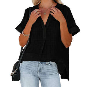 2025 <b>women</b> polyester v neck blouse breathable casual summer t <b>shirt</b> <b>loose</b> fit solid color woven style lightweight top wholesale - Product Image 2
