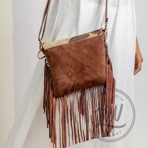 New Western Style Hair On Hide Fur Suede Leather Fringe <b>Bag</b> High Quality <b>Boho</b> Women Leather Shoulder <b>Bag</b> With Turquoise Stone - Product Image 5