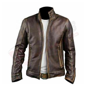 Blouson de motard en cuir véritable marron pour homme, style vintage, à manches longues, coupe ajustée, 2024 - Product Image 1