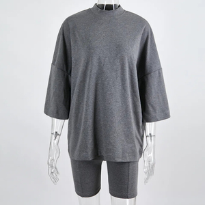 Traje corto deportivo de moda de algodón 100% de alta calidad personalizado para mujer sólido de dos piezas - Product Image 4