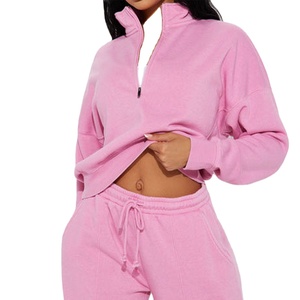 Ensemble de survêtement rose pour femme avec fermeture éclair quart de tour, pantalon de jogging en molleton personnalisé de haute qualité avec cordon de serrage, tenue décontractée pour la maison - Product Image 3