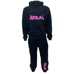 Conjunto de sudaderas con capucha y pantalones de chándal de algodón personalizados, chándal unisex holgado con logotipo impreso, conjunto deportivo informal para correr para hombre - Product Image 1