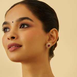 Boucles d'oreilles clous en or 14K/18K serties de pierres, motif floral rose et jaune plaqué or pour mariage - Product Image 3