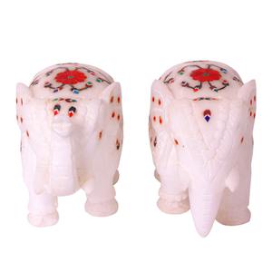 Paire d'éléphants en marbre blanc de qualité supérieure de 3 pouces avec incrustation de cornaline travail artisanal ensemble de figurines d'animaux en marbre décor à la maison - Product Image 1