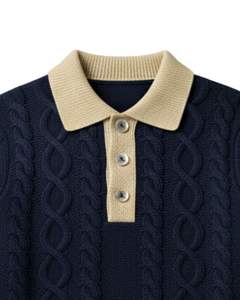 Pull Polo Homme Personnalisé en Maille Câblée à Manches Longues, Col Boutonné Contrastant, Pull d'Hiver en Bleu Marine - Product Image 4