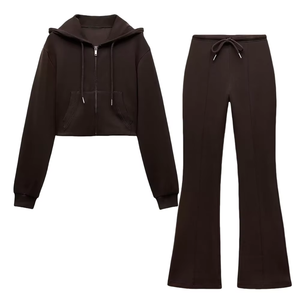 Conjunto de Pantalones Acampanados con Cordón y Chaqueta Corta Informal Sólida de Otoño para Mujer, Estilo Deportivo con Capucha y Cremallera, Largo hasta la Rodilla - Product Image 2