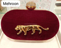 Baru datang buatan tangan yang menakjubkan beludru Royal warna-warni Tiger Broach unik pengantin malam kopling dompet wanita rantai logam Dompet