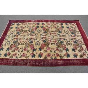 พรมตุรกีโบราณ4.8 x 7.2ft เบจสีแดงพื้นที่ขนาดใหญ่การออกแบบเย็บปะติดปะต่อกันด้วยผ้าขนสัตว์สำหรับห้องโถงห้องนอนยางสี่เหลี่ยมห้องข้างเตียง - Product Image 3