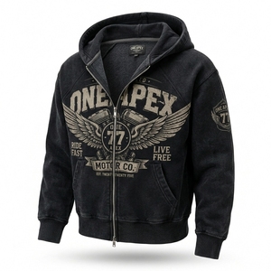<b>Black</b> Vintage Washed Zip Up Hoodie Oversized Streetwear Motorcycle Graphic <b>Fleece</b> Sweatshirt Casual Unisex Fashion <b>Jacket</b> - Product Image 3