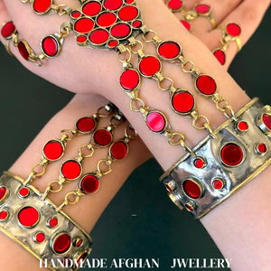 Exquisite Ruby <b>Red</b> Crystal Afghan Kuchi Panja Hand Harness With Ornate Gold <b>Toned</b> Filigree And Hanging Silver Bells - Product Image 2