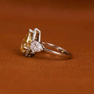Yellow Pear Cut Lab Created Diamond Three Stone Halo Engagement Ring Round Cut Diamond 14KT <b>Solid</b> Gold Anniversary Gift Ring - Product Image 3