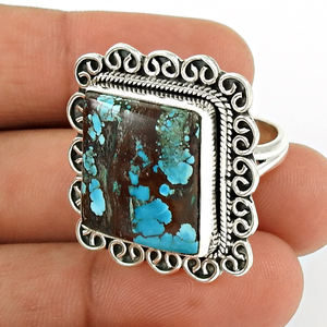 Design exclusif en argent Sterling 925 pierre précieuse turquoise naturelle forme carrée bague ethnique indien artisan artisanat bijoux inde - Product Image 2