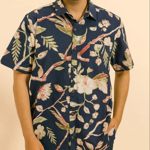 Chemise décontractée d'été en coton pour hommes coupe droite imprimée avec fermeture à boutons en corne respirante et écologique - Product Image 1