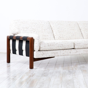 Canapé Alex d'extérieur et d'intérieur en bois de teck massif et tissu de laine blanche avec coussins épais pour le salon intérieur - Product Image 1