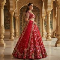 Gaun pengantin wanita merah berbordir tebal, panjang hingga mata kaki, dengan dupatta, cocok untuk pesta pernikahan, pelindung dari sinar matahari, cepat kering, dan anti kusut.