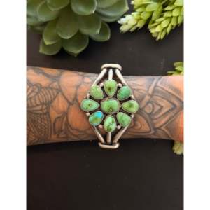 Navajo Handmade Sonoran Gold Turquoise & Sterling Silver Cluster Cuff Bracelet Fashionable Accessory - Product Image 2
