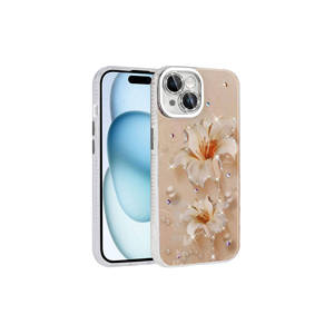 Coque de téléphone de luxe rose clair MRSA Garden Series pour iPhone 15, motif floral, strass, silicone rigide, anti-traces de doigts, effet diamant - Product Image 1