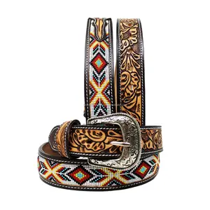 Nuevo cinturón occidental de calidad superior hecho por decorativo de cuero de vaca de grano completo importado argentino con diseño de cuentas Azteca