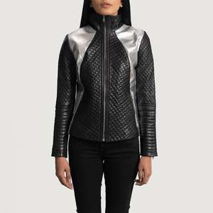 Alia Autumn Biker <b>Jacket</b> in Metallic Black Satin Quilted Sheep Skin Custom Logo Bomber/Varsity/Western Style Short Length <b>Blazer</b> - Product Image 3