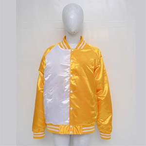 Satin Varsity <b>Jacket</b> Two Tone Yellow White Color Block Bomber Unisex Shiny Snap Button Baseball Style <b>Jacket</b> - Product Image 6