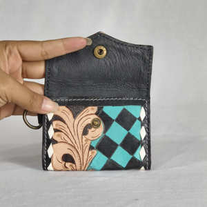 Fashion Genuine Leather <b>Card</b> <b>Holder</b> Teal White Checkered Embossing Button Closure Women Short Wristlet <b>Wallet</b> Geometric Pattern - Product Image 3