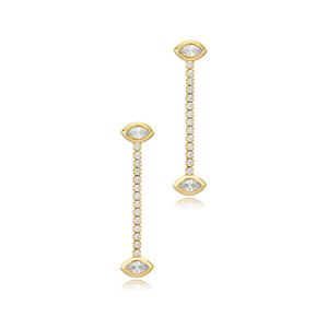 Boucles d'oreilles longues à clous motif œil, chaîne tennis, pierre zircon, fabrication artisanale turque, plaqué or, argent sterling 925, bijoux d'anniversaire - Product Image 4