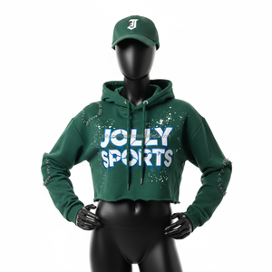 Haut à capuche pour femme en tissu polaire premium 320 GSM en vert foncé avec logo personnalisé imprimé et ourlet brut, style streetwear - Product Image 1