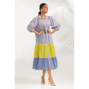 Vestido de Algodón Teñido con Bloques de Color, Estilo Casual para Oficina, Cuello Cuadrado, Transpirable, Largo hasta el Suelo, con Cintura Natural, ODM IPS-77277 - Product Image 1