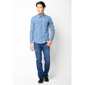 Comparative Price <b>Men</b> Formal <b>Shirts</b> Long Sleeve Woven Garment Dyed Winged Collar Demin <b>Shirt</b> With Two Pocket - Product Image 4