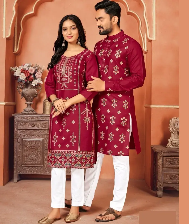 Indische ethnische Kleidung Paar Kurti Kurta Set mit gedruckter Arbeit Frauen und Männer tragen reine Baumwolle Kurta für Festival-und Hochzeits kleidung