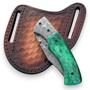 Couteau pliant en acier Damas de fabrication nordique, verrouillage interne, manche en résine, étui en cuir, 8 pouces, qualité industrielle, pointe tombante, couteau de poche EDC - Product Image 4