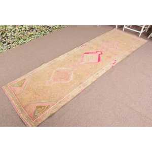 Turkish Vintage Rug, 2.8x10.2 ft <b>Runner</b> Rug, Pink <b>Green</b> Plants & trees Rug - Product Image 2