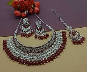 New Design Gold Plated Traditional <b>Drop</b> <b>Pearl</b> & Stone Studded Earring Mangtika Choker <b>Necklace</b> Set & Jewellery Set for Women - Product Image 5