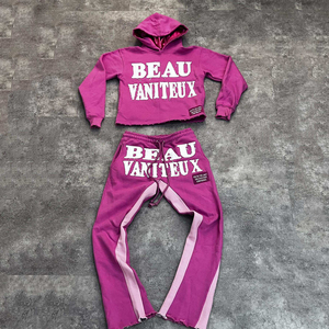 Chándal personalizado, pantalones de chándal, conjunto de chándal, Conjunto de sudadera con capucha y pantalones de chándal acampanados lavados con ácido desgastado bordado - Product Image 4