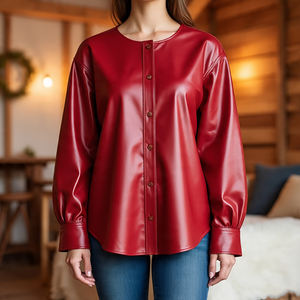 Camisa de Manga Larga de Cuero Genuino para Mujer, Corte Regular, Cuello Redondo, Diseño con Botones, Estilo Vintage de Moda Invernal - Product Image 1