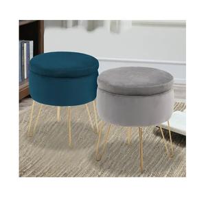 Repose-pieds en velours Ottoman Round Modern Tapissé Vanity set de 2 poufs avec pied en métal doré - Product Image 1