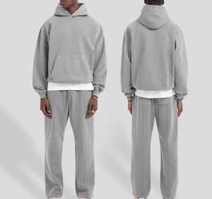 Conjunto de Sudadera con Capucha y Pantalones de Felpa de Algodón Grueso con Lavado Ácido, Personalizado OEM, 2 Piezas, Liso, Vintage, para Hombre - Product Image 1