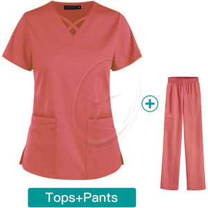 Conjunto de exfoliante elástico sólido para mujer, de bolsillo con cuello en V Top, verano, uniforme médico transpirable, pantalones para correr, trajes de enfermería - Product Image 3
