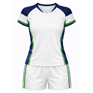 Uniforme de Voleibol Personalizado de Alta Calidad con Logotipo, Blanco con Detalles Azul Marino en los Hombros, Conjunto de Jersey de Voleibol de Secado Rápido - Product Image 1