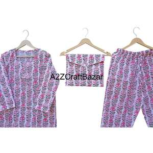 Conjunto de Pijama de Algodón 100% para Mujer, Estampado Floral, Cuello Redondo, Tejido de Punto, Cierre con Cordón, Mangas Cortas, Primavera - Product Image 4