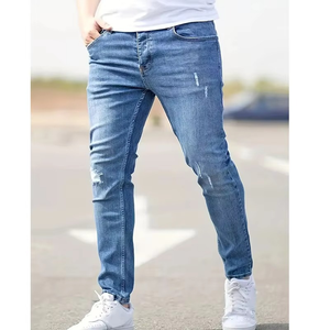 Pantalones vaqueros azules rectos apilados para hombre, pantalones informales ligeros de algodón 100% de secado rápido transpirables con botones sólidos para invierno y verano - Product Image 1