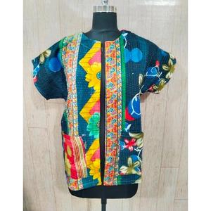 Kimono Kantha <b>Short</b> <b>Sleeves</b> 100% Knitted Cotton Autumn Winter Spring Reversible Coat with Floral Pattern Breathable - Product Image 2