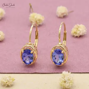 Leverback Oval Cut Prong Set Gemstone Earrings 7X5 mm Tanzanite Earrings 14k Solid Yellow Gold Jewelry Manufacturer & Supplier