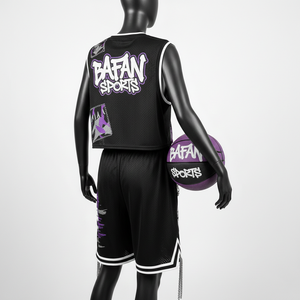 Conjunto de Camiseta y Pantalones Cortos de Baloncesto para Mujer, Tejido de Malla de Poliéster Transpirable de Primera Calidad, 180 GSM, Diseño de Paneles Negros y Morados, Conjuntos para Mujer - Product Image 5